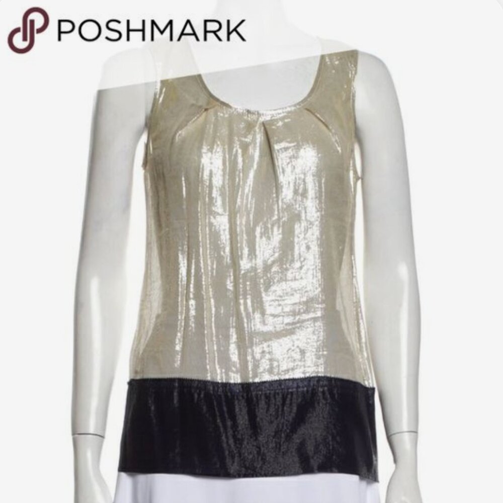 Vera Wang Silk Silver and Blue Colorblock Metallic Shimmer Top S/M